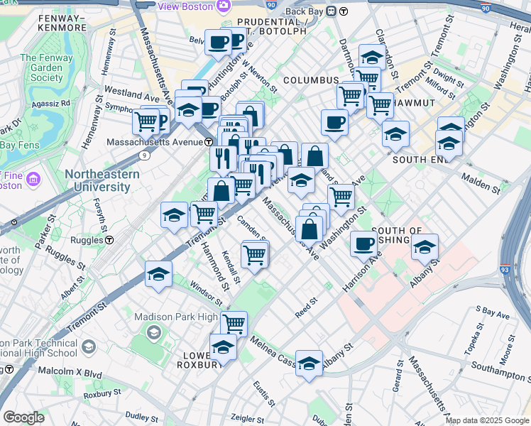 map of restaurants, bars, coffee shops, grocery stores, and more near 533 Massachusetts Avenue in Boston