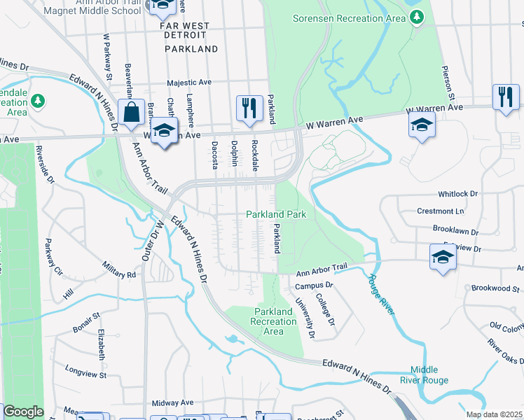 map of restaurants, bars, coffee shops, grocery stores, and more near 6756 Rockdale in Dearborn Heights