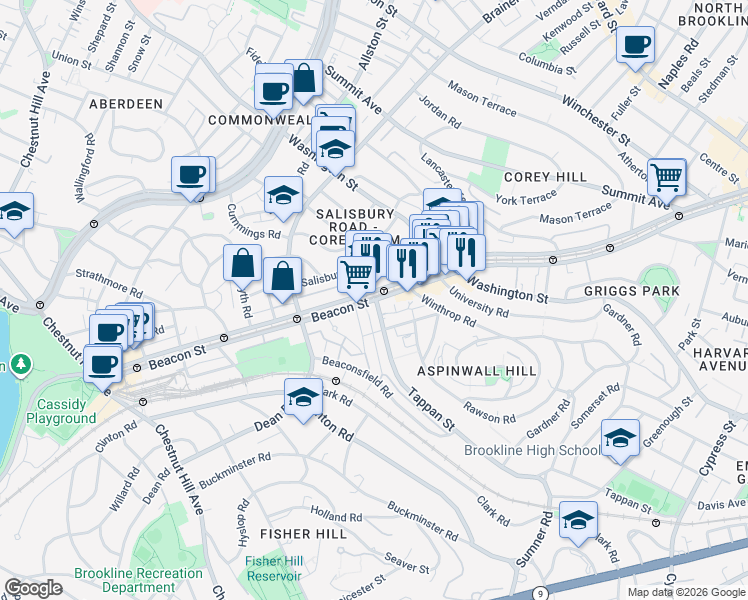 map of restaurants, bars, coffee shops, grocery stores, and more near in Brookline