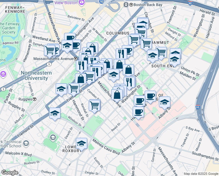 map of restaurants, bars, coffee shops, grocery stores, and more near 554 Massachusetts Avenue in Boston
