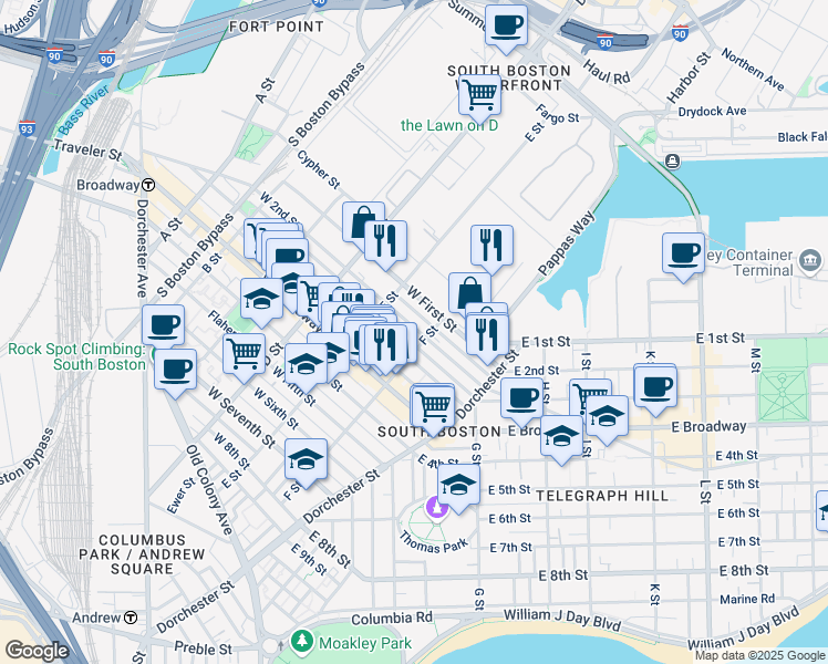 map of restaurants, bars, coffee shops, grocery stores, and more near 333 West First Street in Boston