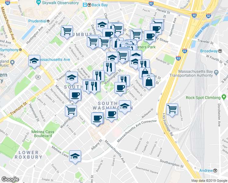 map of restaurants, bars, coffee shops, grocery stores, and more near 18 East Brookline Street in Boston