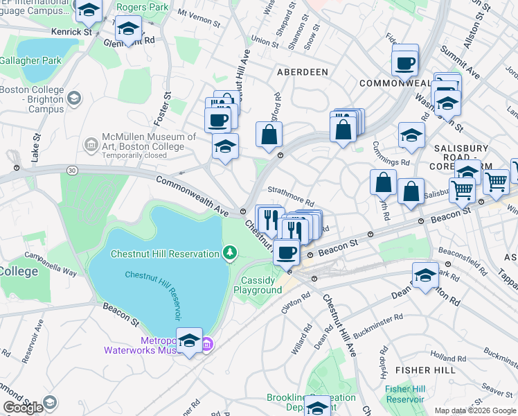 map of restaurants, bars, coffee shops, grocery stores, and more near 1848 Commonwealth Avenue in Boston