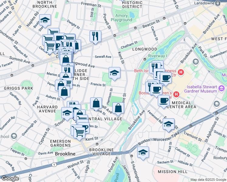 map of restaurants, bars, coffee shops, grocery stores, and more near 45 Francis Street in Brookline