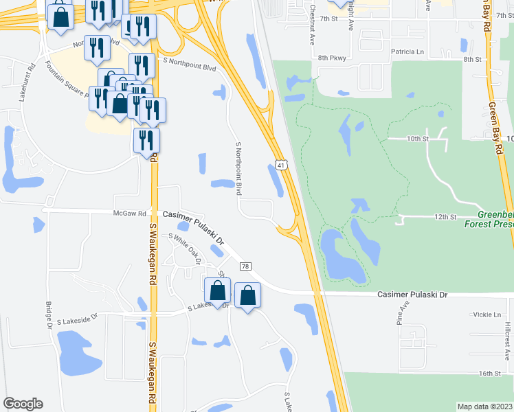 map of restaurants, bars, coffee shops, grocery stores, and more near 1161 South Northpoint Boulevard in Waukegan