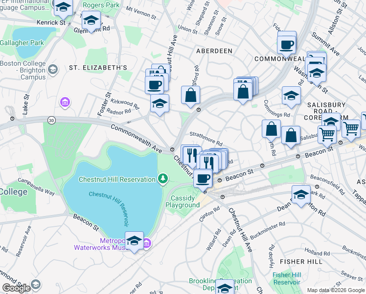 map of restaurants, bars, coffee shops, grocery stores, and more near 1848 Commonwealth Avenue in Boston