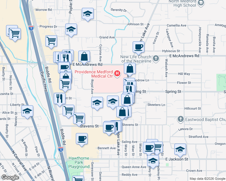 map of restaurants, bars, coffee shops, grocery stores, and more near 1111 Crater Lake Avenue in Medford
