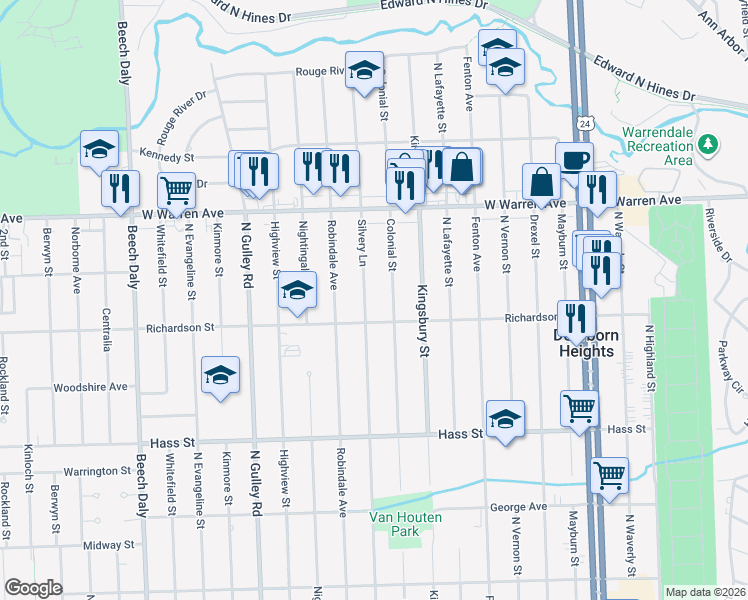 map of restaurants, bars, coffee shops, grocery stores, and more near 6907 Silvery Lane in Dearborn Heights