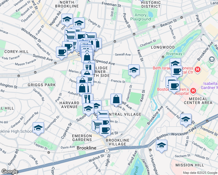 map of restaurants, bars, coffee shops, grocery stores, and more near 51 Saint Paul Street in Brookline