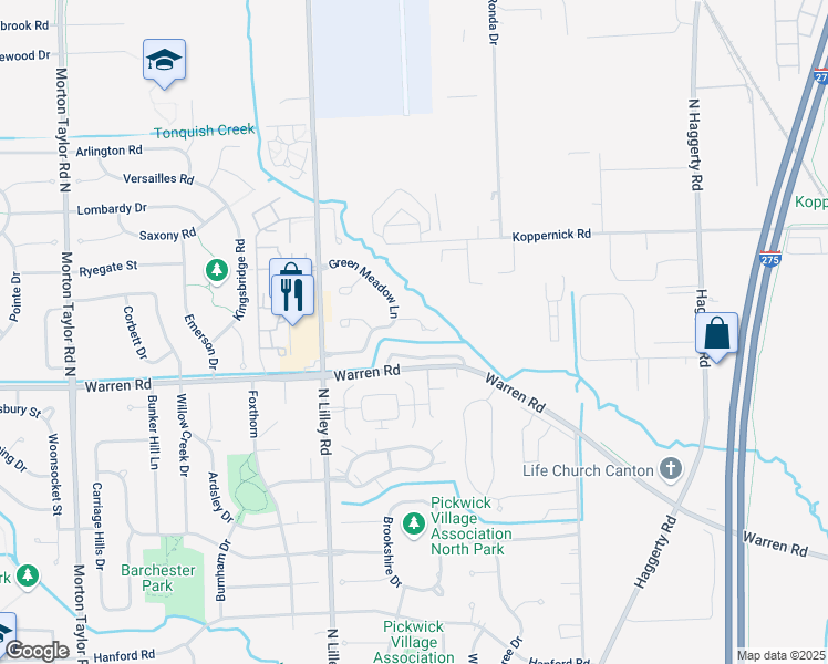 map of restaurants, bars, coffee shops, grocery stores, and more near 7263 Green Meadow Lane in Canton
