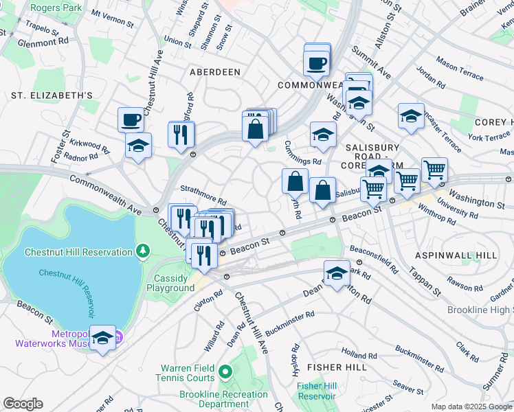 map of restaurants, bars, coffee shops, grocery stores, and more near 16 Lanark Road in Boston