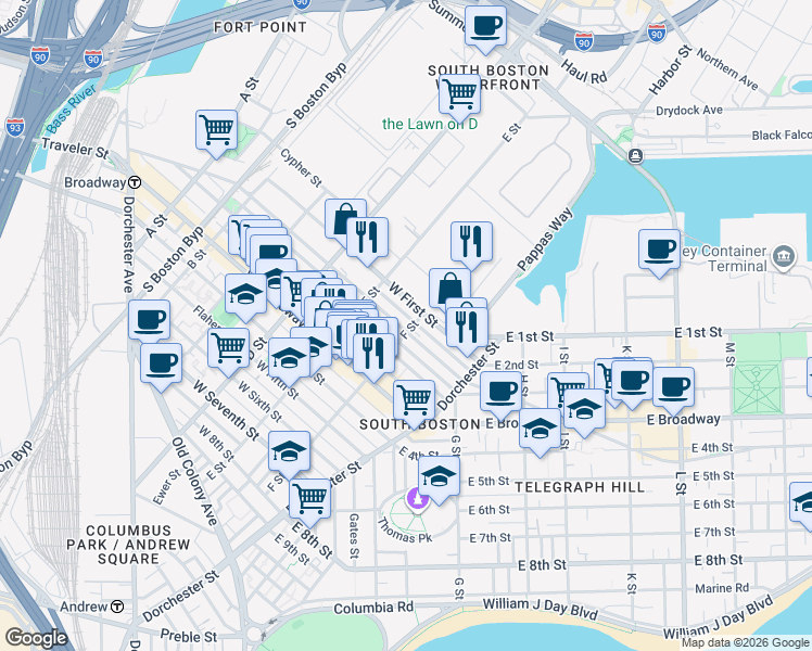 map of restaurants, bars, coffee shops, grocery stores, and more near 333 West First Street in Boston