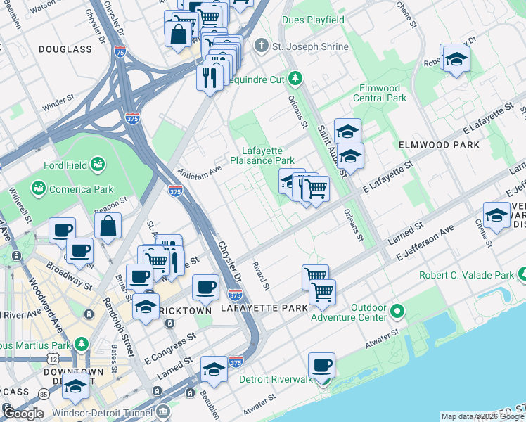 map of restaurants, bars, coffee shops, grocery stores, and more near 1362 Nicolet Place in Detroit