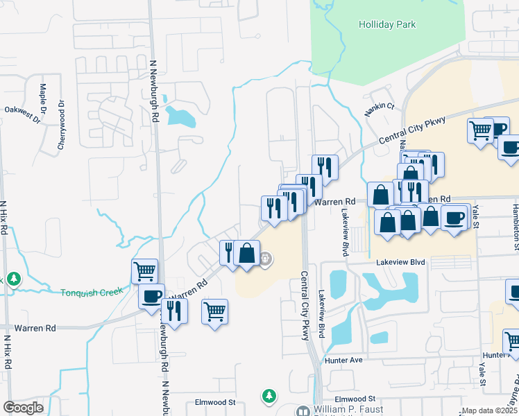 map of restaurants, bars, coffee shops, grocery stores, and more near 7249 Wilderness Park Drive in Westland