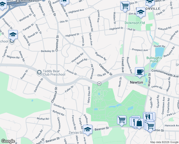 map of restaurants, bars, coffee shops, grocery stores, and more near 32 Wauwinet Road in Newton