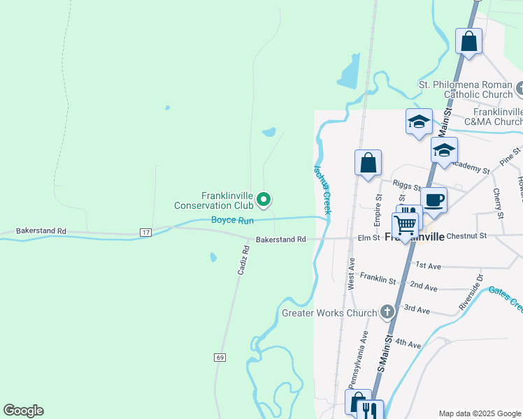 map of restaurants, bars, coffee shops, grocery stores, and more near 3040 Bakerstand Road in Franklinville