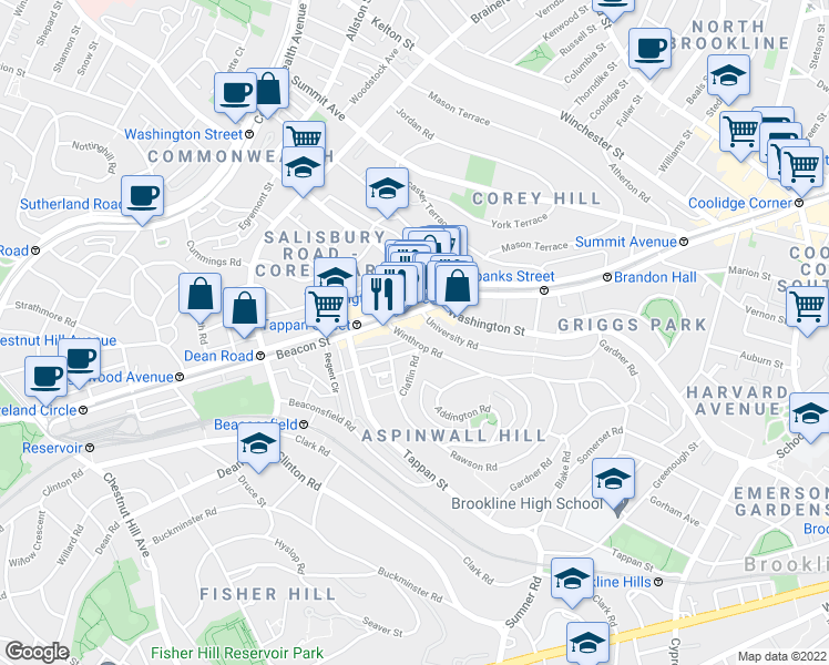 map of restaurants, bars, coffee shops, grocery stores, and more near 3 University Road in Brookline