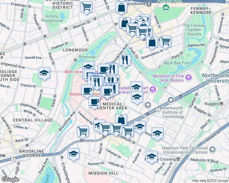 map of restaurants, bars, coffee shops, grocery stores, and more near Blackfan Circle in Boston