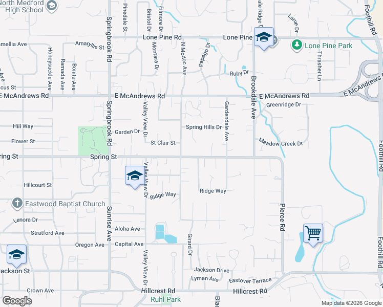 map of restaurants, bars, coffee shops, grocery stores, and more near 1104 North Modoc Avenue in Medford