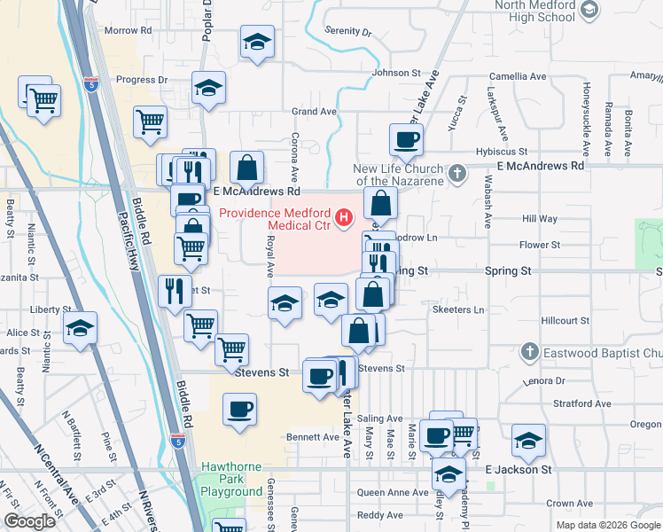 map of restaurants, bars, coffee shops, grocery stores, and more near 1111 Crater Lake Avenue in Medford