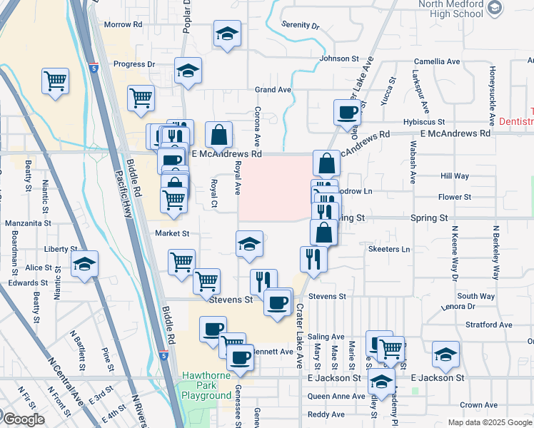 map of restaurants, bars, coffee shops, grocery stores, and more near 840 Royal Ave in Medford