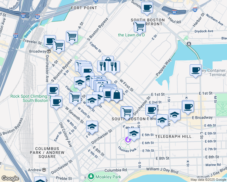 map of restaurants, bars, coffee shops, grocery stores, and more near 321 West 2nd Street in Boston