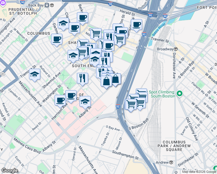 map of restaurants, bars, coffee shops, grocery stores, and more near 46 Wareham Street in Boston