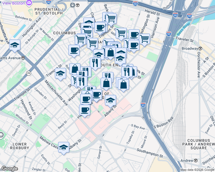 map of restaurants, bars, coffee shops, grocery stores, and more near 24 East Brookline Street in Boston