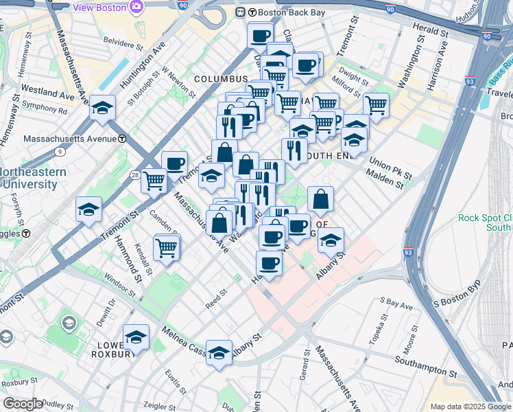 map of restaurants, bars, coffee shops, grocery stores, and more near in Boston