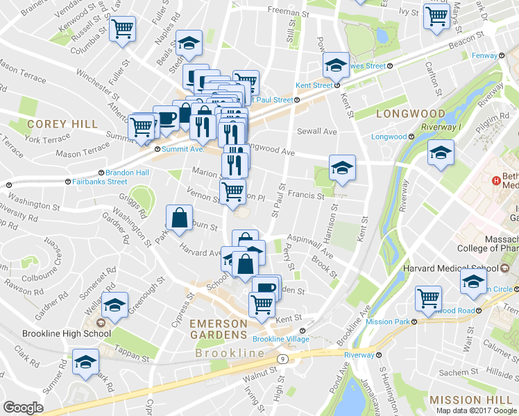 map of restaurants, bars, coffee shops, grocery stores, and more near 36 Alton Place in Brookline