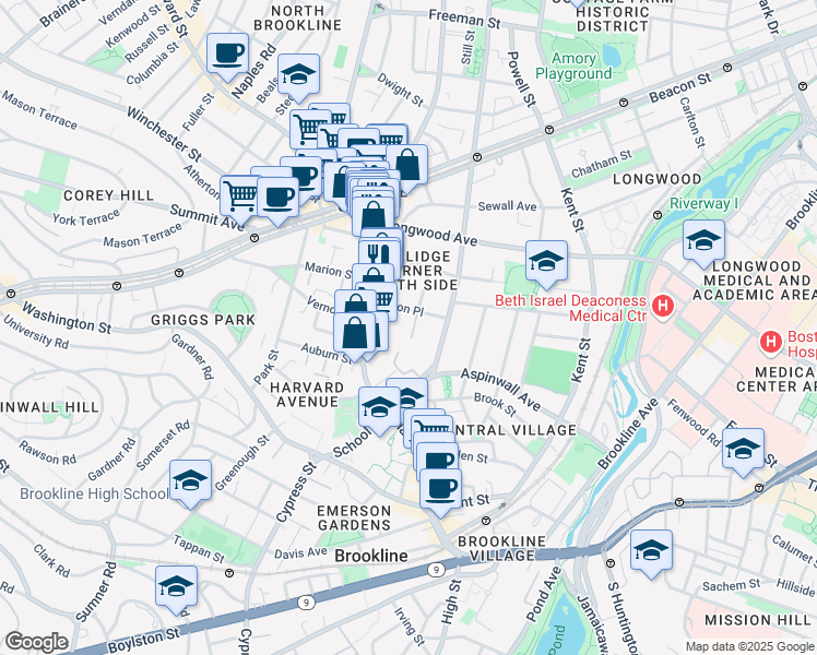 map of restaurants, bars, coffee shops, grocery stores, and more near 36 Alton Place in Brookline