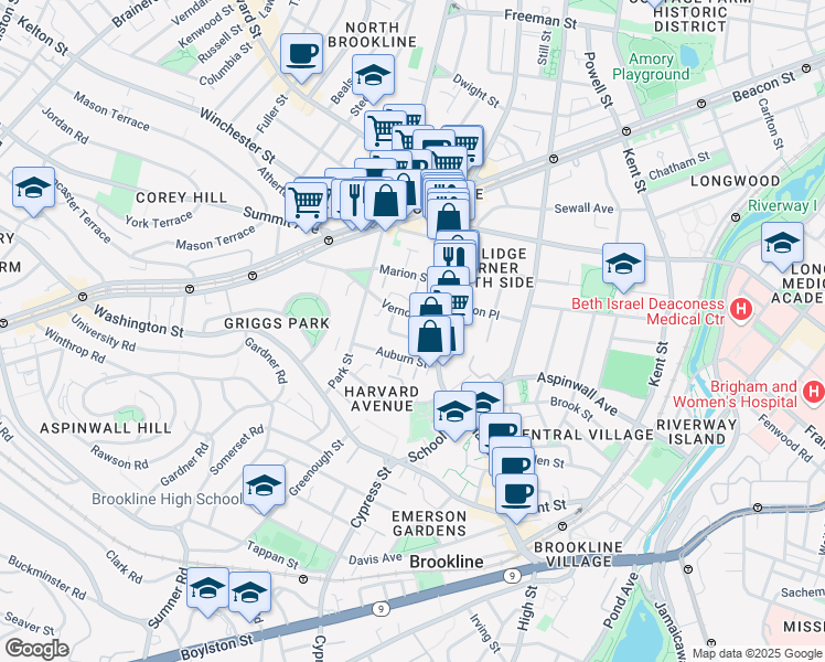 map of restaurants, bars, coffee shops, grocery stores, and more near 27 Vernon Street in Brookline