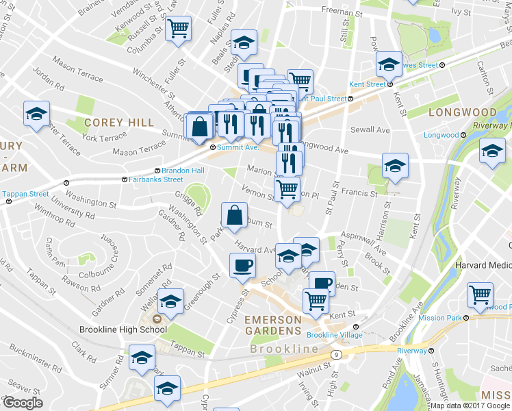 map of restaurants, bars, coffee shops, grocery stores, and more near 27 Vernon Street in Brookline