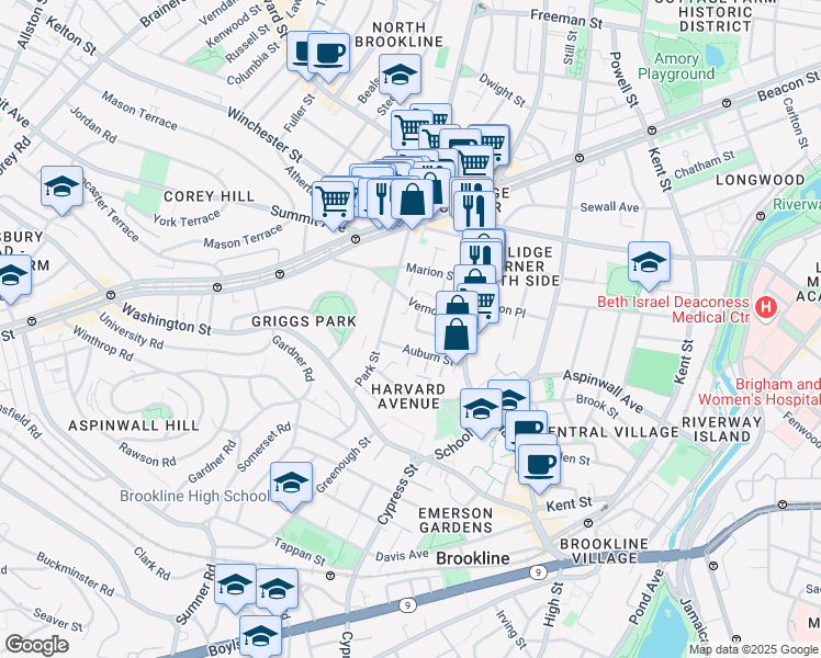 map of restaurants, bars, coffee shops, grocery stores, and more near 54 Vernon Street in Brookline