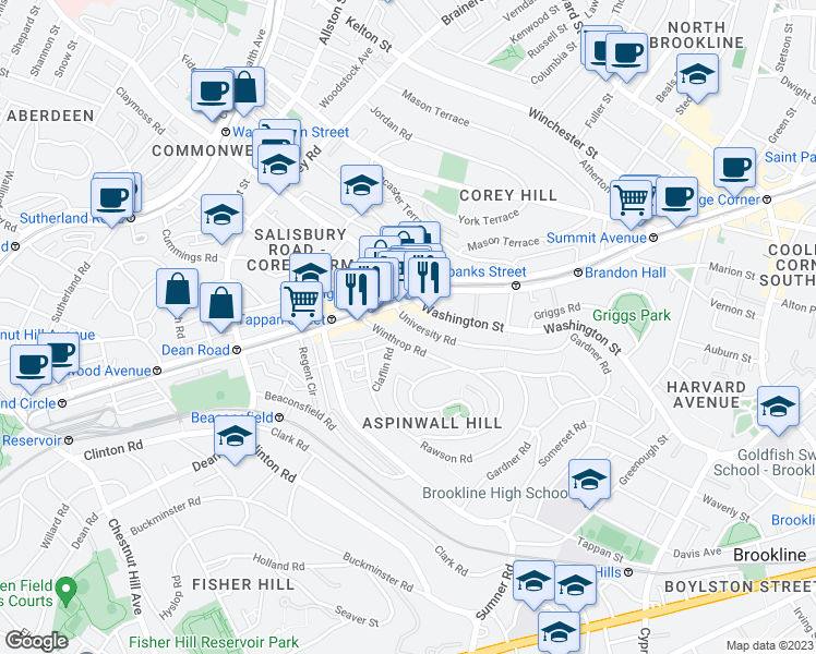 map of restaurants, bars, coffee shops, grocery stores, and more near 1629 Beacon Street in Brookline