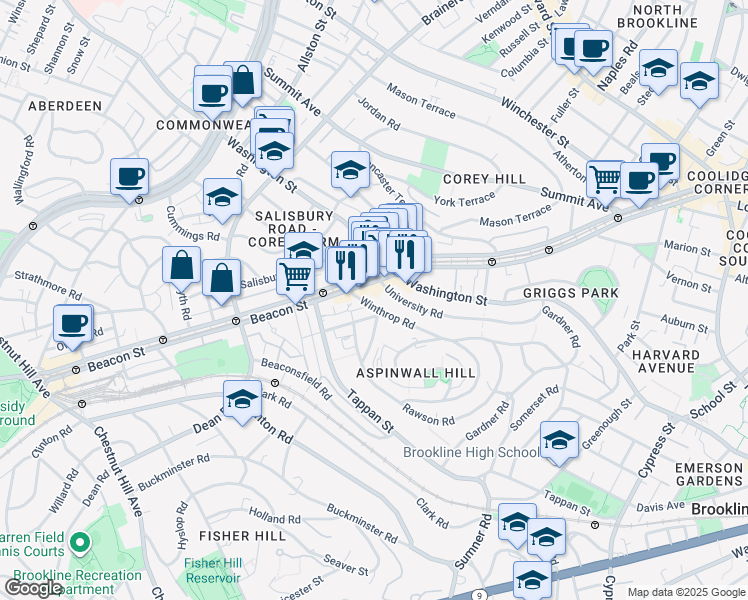 map of restaurants, bars, coffee shops, grocery stores, and more near in Brookline