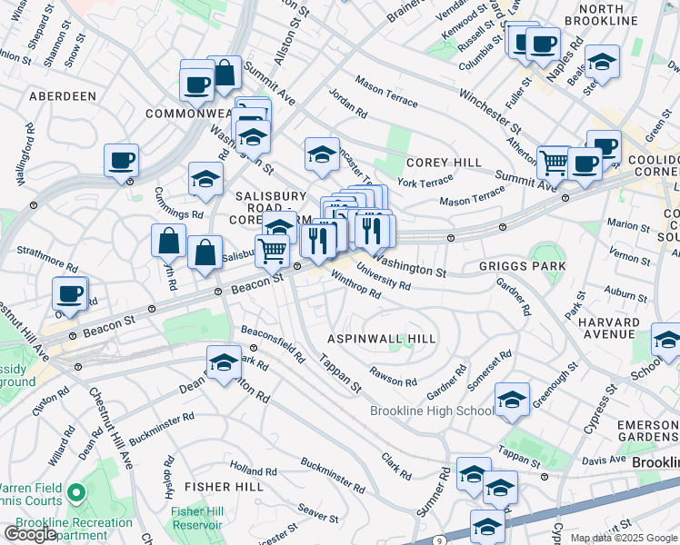 map of restaurants, bars, coffee shops, grocery stores, and more near in Brookline