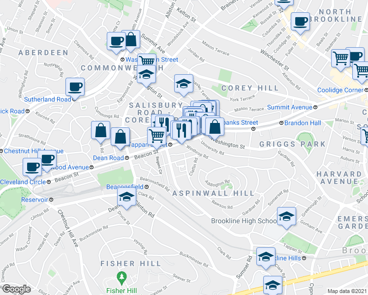 map of restaurants, bars, coffee shops, grocery stores, and more near 210 Winthrop Road in Brookline
