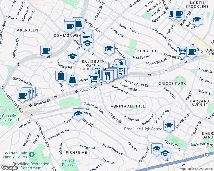 map of restaurants, bars, coffee shops, grocery stores, and more near 1674 Beacon Street in Brookline
