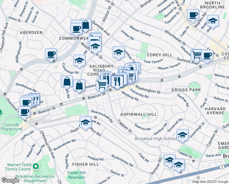 map of restaurants, bars, coffee shops, grocery stores, and more near 1674 Beacon Street in Brookline