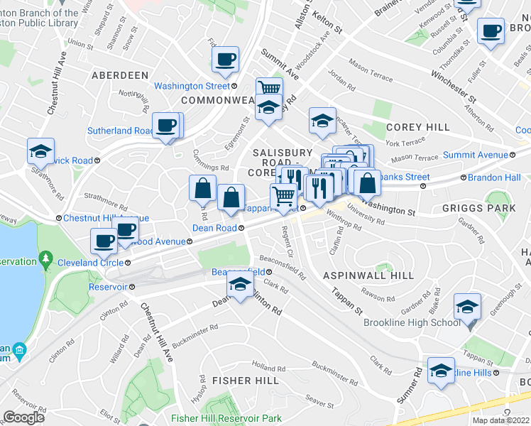 map of restaurants, bars, coffee shops, grocery stores, and more near in Brookline