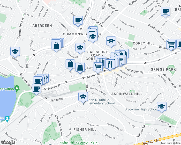 map of restaurants, bars, coffee shops, grocery stores, and more near in Brookline