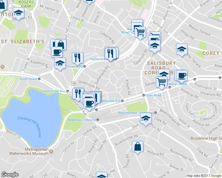 map of restaurants, bars, coffee shops, grocery stores, and more near 16 Lanark Road in Boston