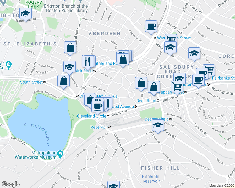 map of restaurants, bars, coffee shops, grocery stores, and more near 9 Kilsyth Terrace in Boston