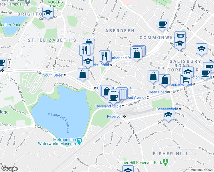 map of restaurants, bars, coffee shops, grocery stores, and more near 104 Strathmore Road in Boston