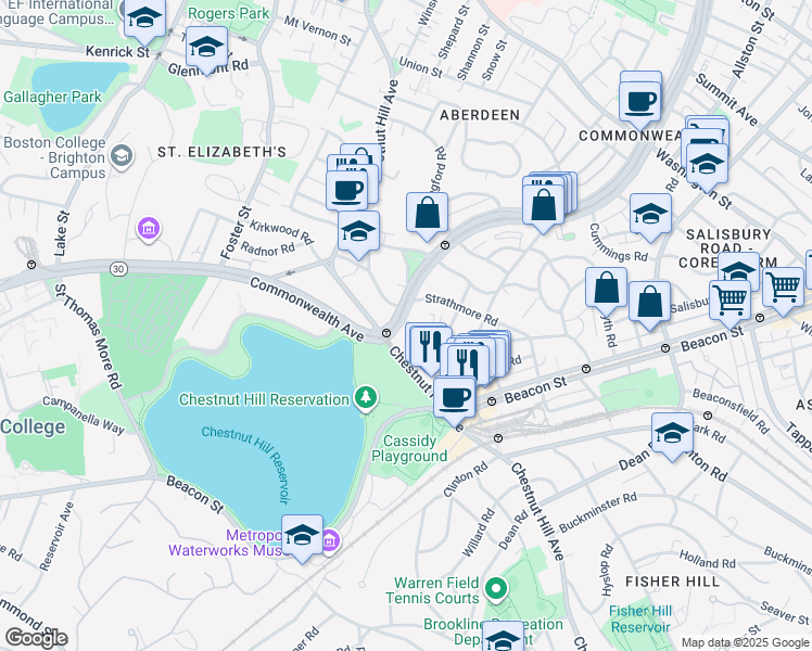 map of restaurants, bars, coffee shops, grocery stores, and more near 1848 Commonwealth Avenue in Boston