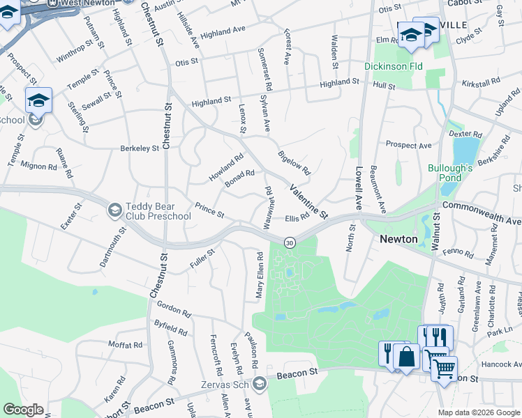map of restaurants, bars, coffee shops, grocery stores, and more near 32 Wauwinet Road in Newton
