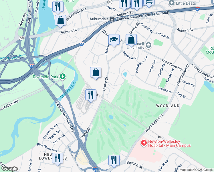 map of restaurants, bars, coffee shops, grocery stores, and more near 257 Grove Street in Newton