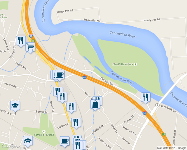 map of restaurants, bars, coffee shops, grocery stores, and more near 139 Damon Road in Northampton