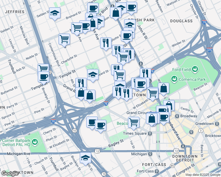 map of restaurants, bars, coffee shops, grocery stores, and more near 448 Henry Street in Detroit